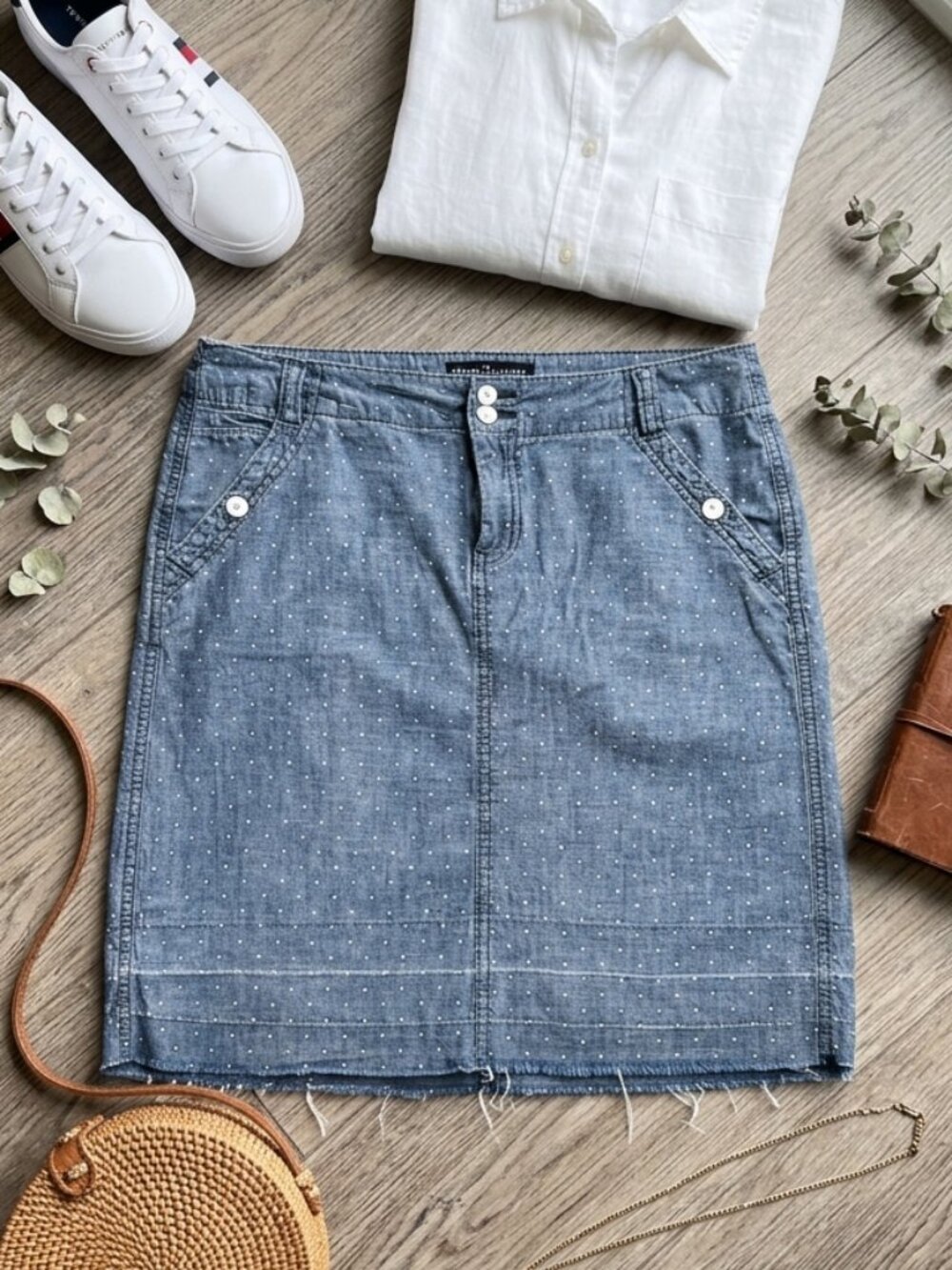 Tommy Hilfiger Polka Dot Chambray Denim Mini Skirt - Blue & White Size 4